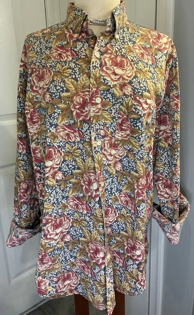 Vintage 90s Banana Republic Floral Rose Button Down Shirt L 100% Cotton Unisex